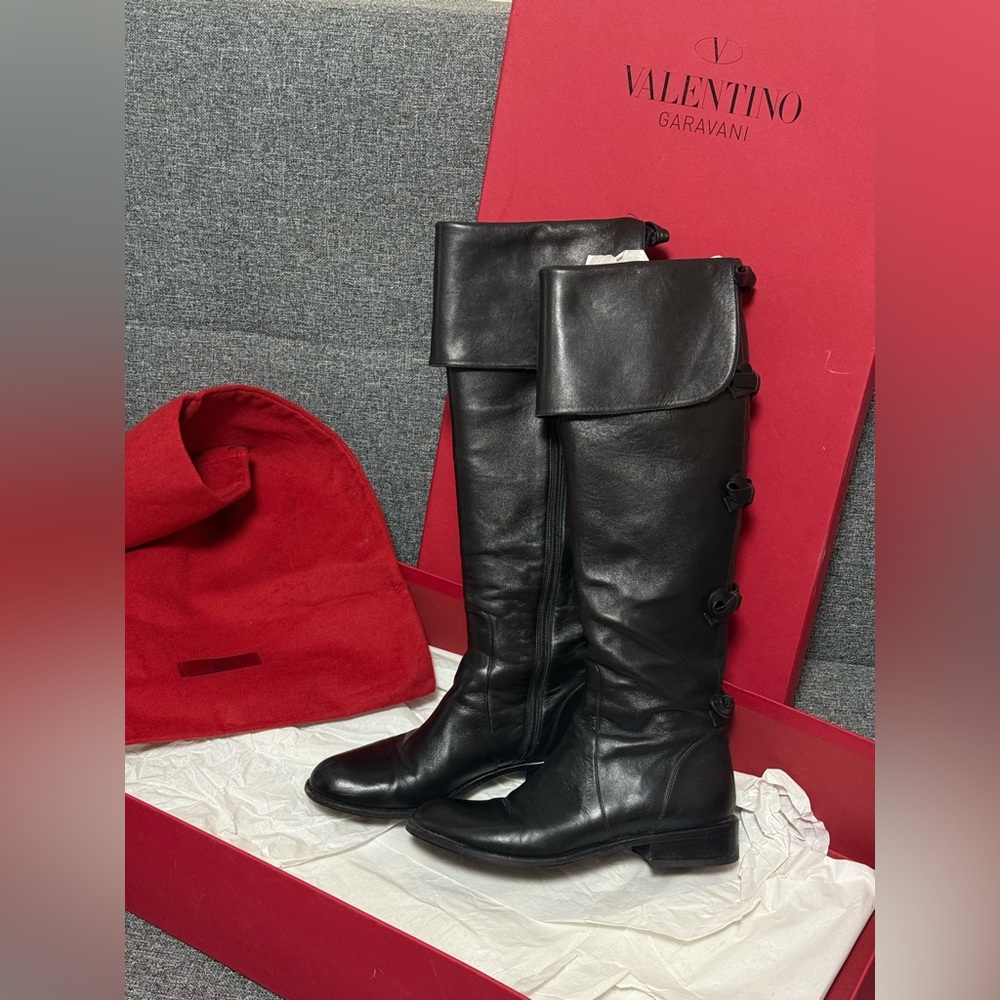 Valentino Black Leather Tall Boots with Red Box